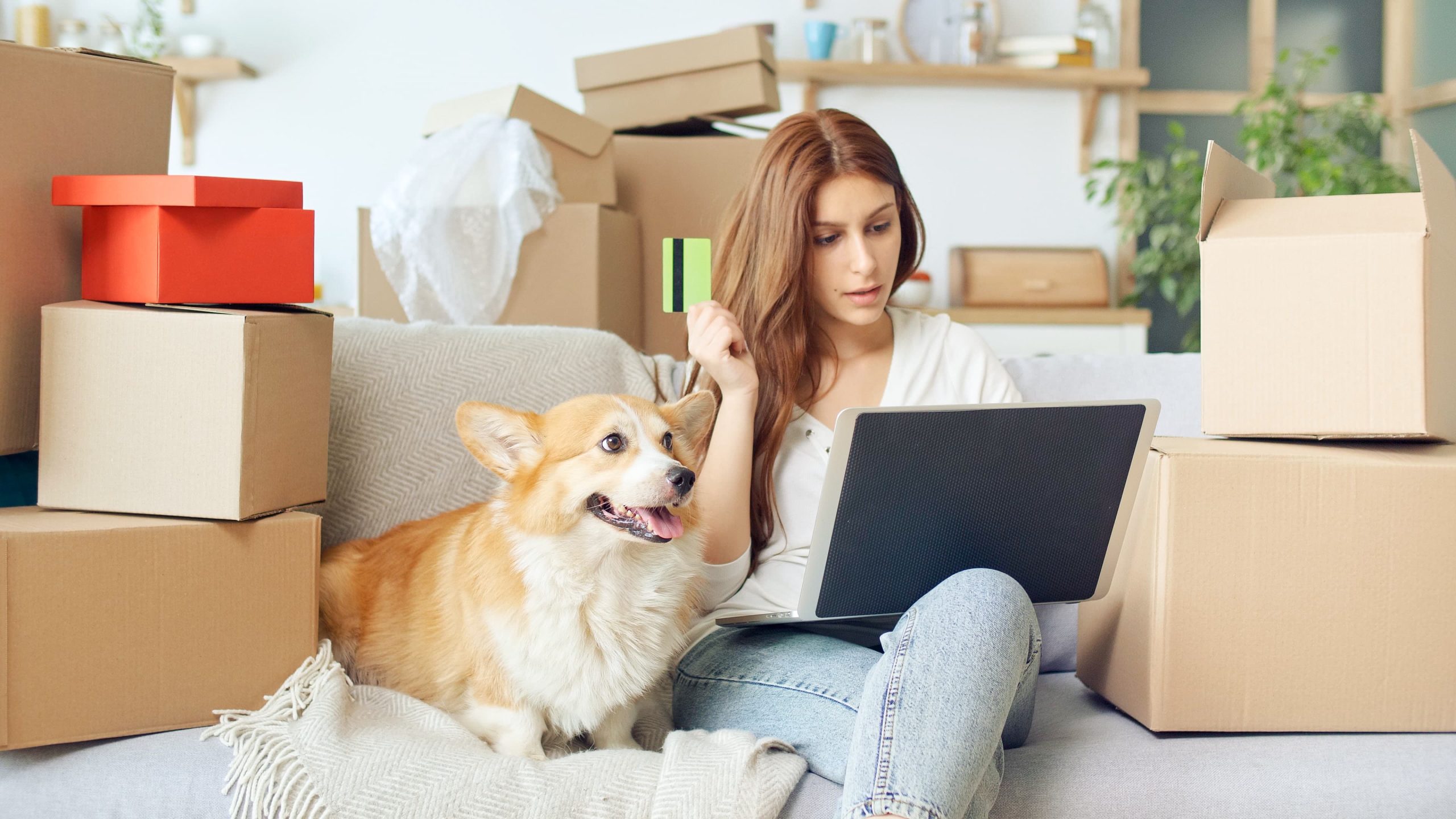 chica en el sofá con su perro y con cajas de mudanza alrededor