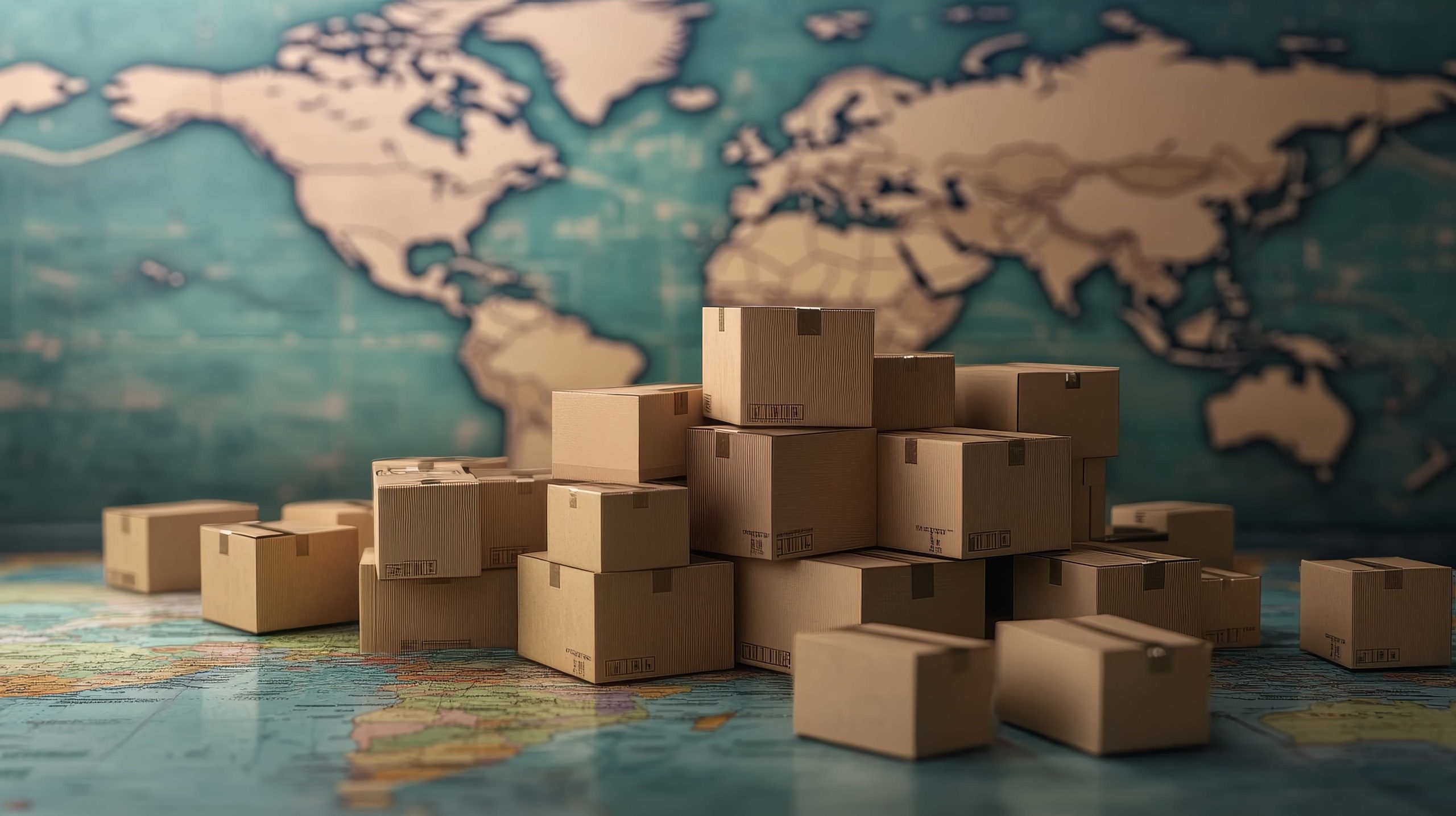 Imagen con un mapa mundi de fondo, lleno de cajas de mudanza